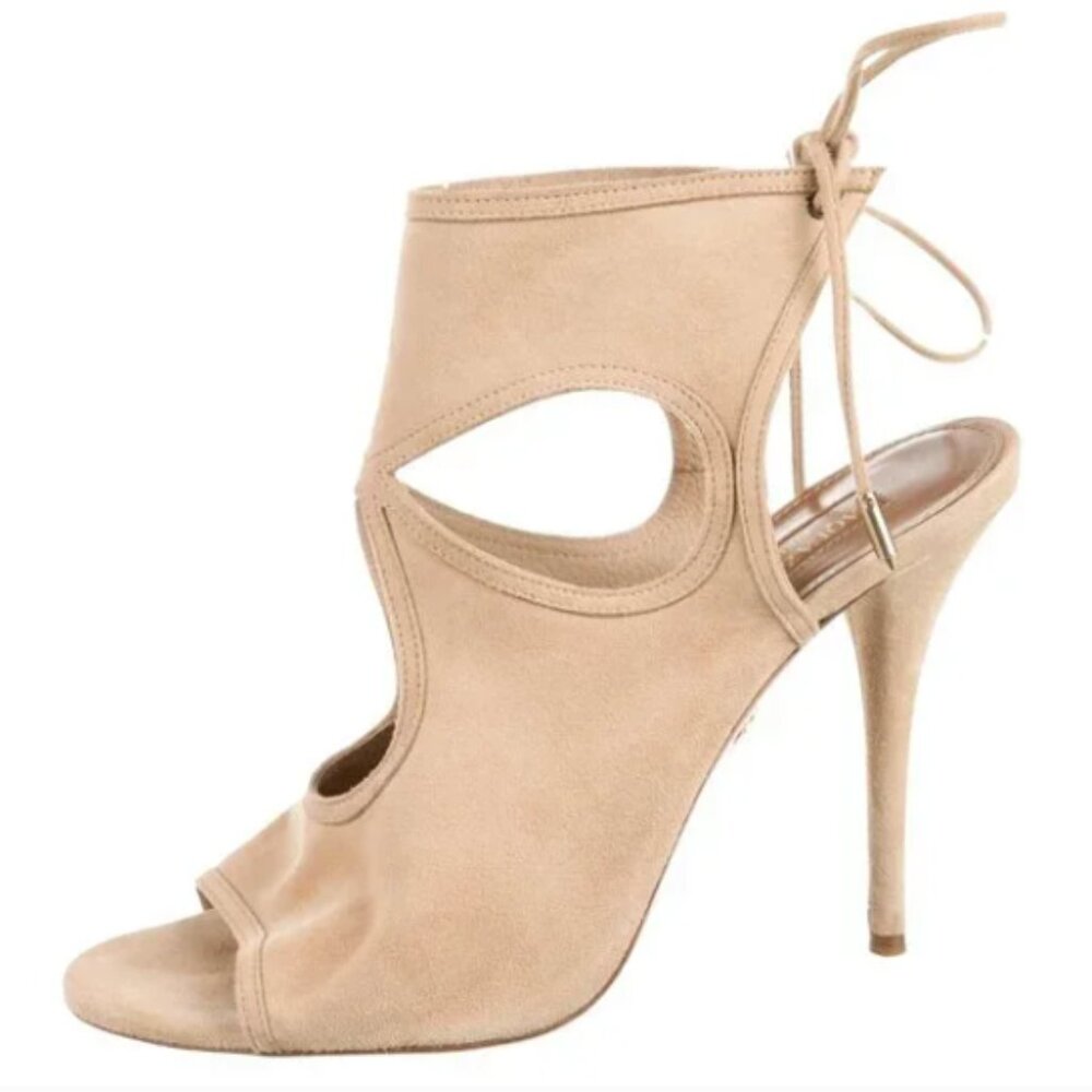 AQUAZZURA Suede Cutout Accent T-Strap Sandals Size: 38.5